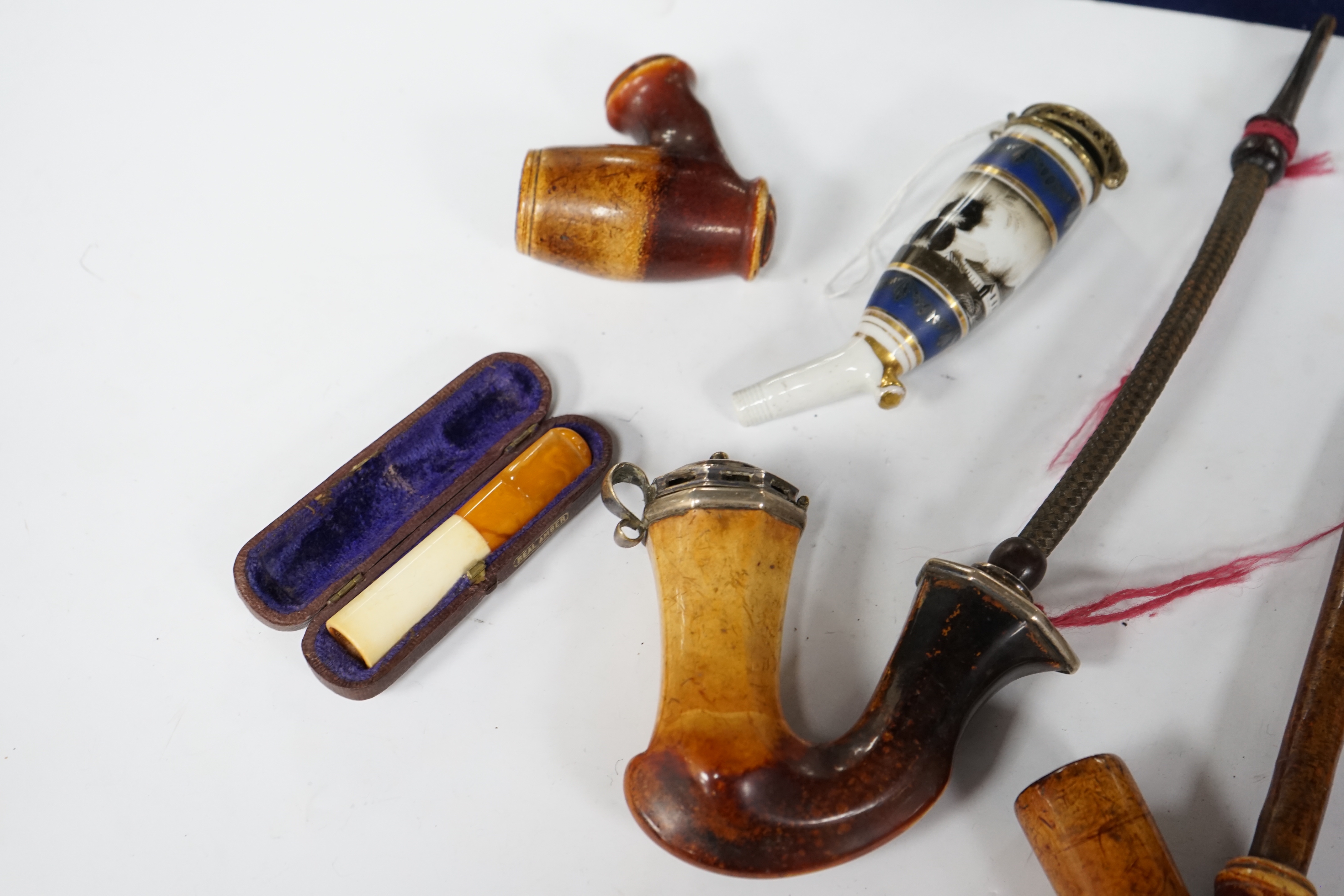 Seven pipes, three with amber mouthpieces, two cased and two without mouthpieces, longest cased pipe 20cm long